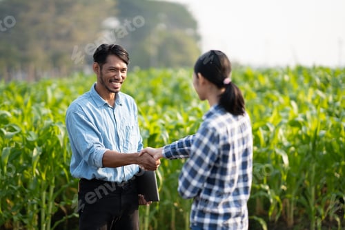 Preview: Handshake two farmer with crops field background. The concept of the agricultural business. farmer h