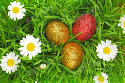 Preview: Easter background with grass, flowers and colorful glitter eggs