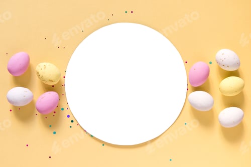 Preview: Happy easter decor concept. White circle on a festive pastel yellow background, chocolates