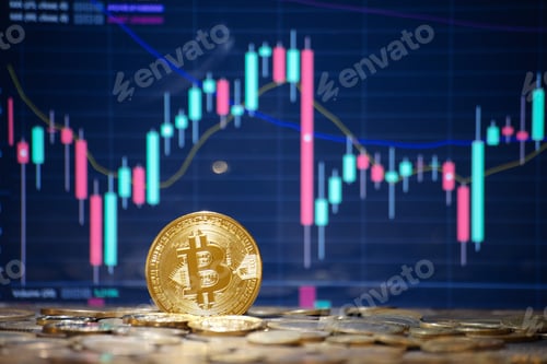 Preview: Cryptocurrency. Bitcoin cold coin with candle stick graph chart