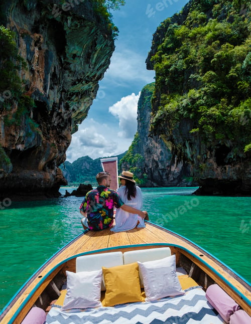 Preview: Luxury Longtail boat in Krabi Thailand, couple man and woman on a trip at the tropical island 4
