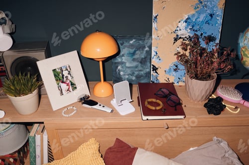 Preview: Personal Items and Accessories on Bedroom Dresser Surface