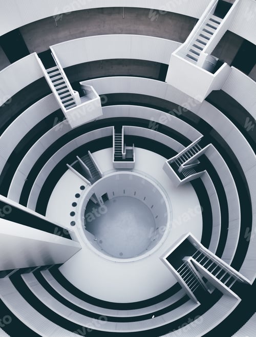 Preview: High angle vertical shot of a black and white interior with lots of stairs
