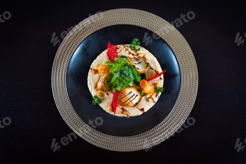 Preview: Salad with vegetables and bread on black background