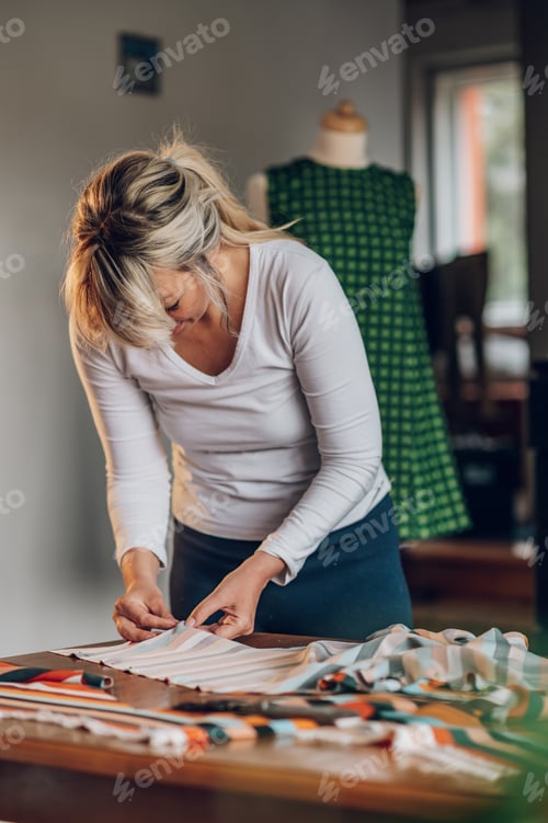 Preview: Woman tailor working from home and tailoring beautiful clothes