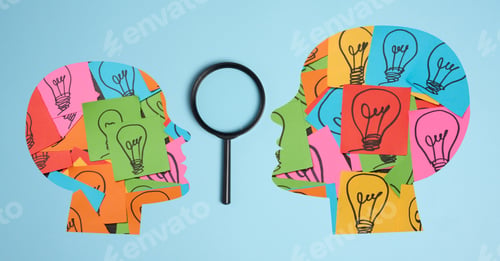 Preview: Silhouette of a human head and stickers with drawn electric lamps on a blue background