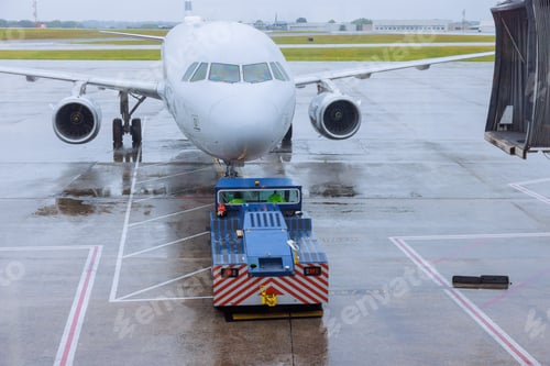 Preview: During rain, preparation for departure airplane is rolled out from terminal gate ready for a takeoff
