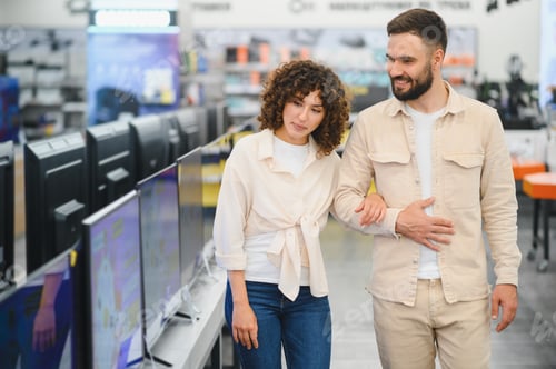 Preview: Couple choosing television in electronics store