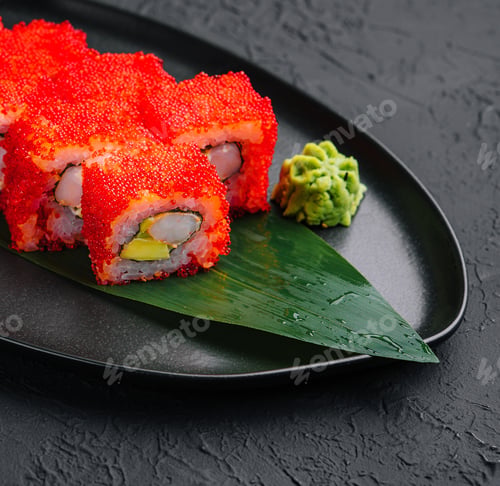 Preview: Appetizing California sushi rolls with rice, shrimps and avocado