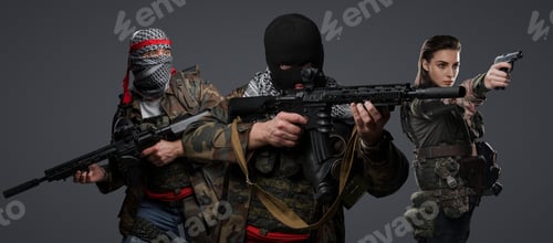 Preview: Radical militants in camouflage group portrait