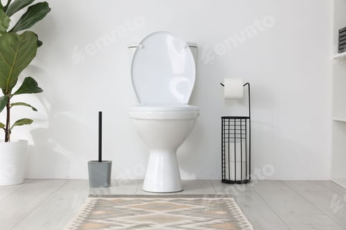 Preview: Toilet, brush, necessities and houseplant near white wall in bathroom