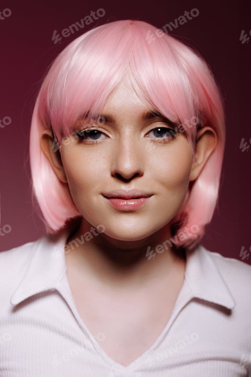 Preview: Portrait of a young woman with a pink bob