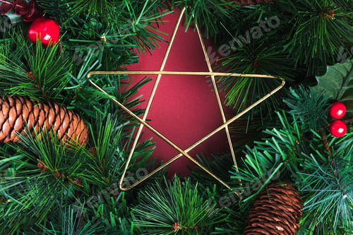 Preview: Merry christmas wreath with doodle draw pine cone ,cherry decoration item on red