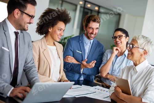 Preview: Group of multiethnic business people working at busy modern office