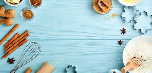 Preview: Baking background with ingredients for making gingerbread flour, eggs, kitchen tools, utensils and c