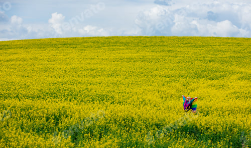 Preview: Female with LGBT rainbow flag on yellow rapeseed field in spring