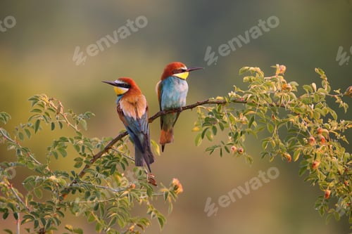 Preview: Two european bee-eater sitting on twig in summer morning