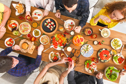 Preview: Served Table Top View, Dinner. People Eat Healthy Food Together, Home Party
