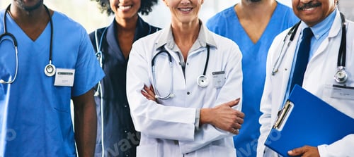 Preview: Portrait of a diverse team of doctors standing together in a hospital