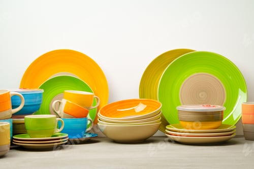 Preview: Set of colored ceramic dishware front view