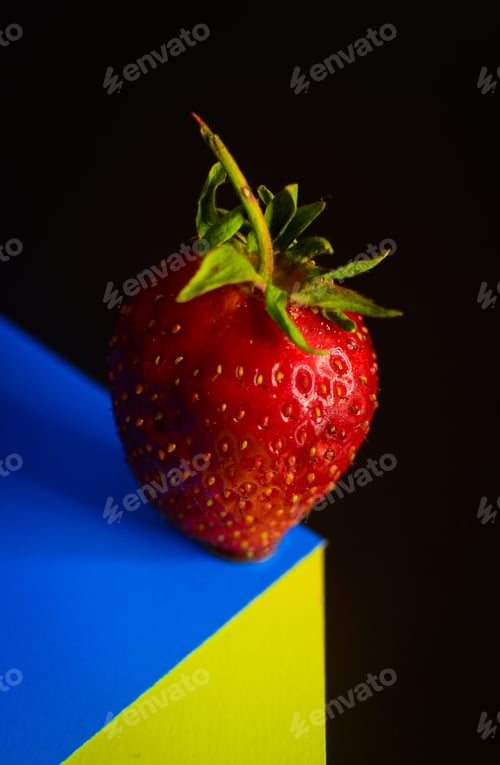 Preview: strawberries stand in balance on a yellow-blue cube on a black background