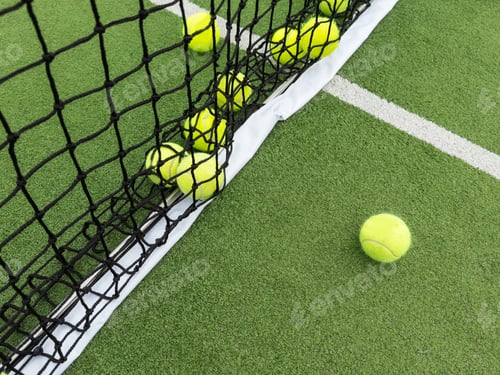 Preview: paddle tennis objects in court, racket and balls
