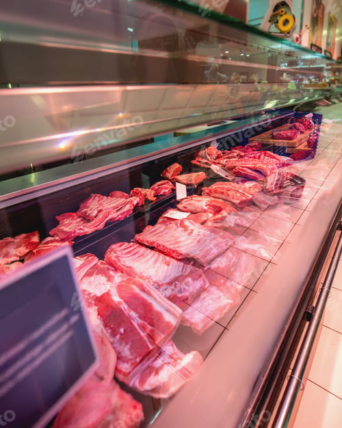 Preview: Shop Of Meat Products. Wide Selection Of Meat Products In Supermarket. Fresh Meat In Shop Window