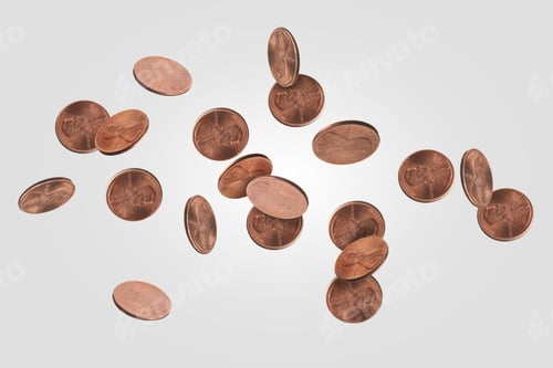 Preview: United States one cent coins in air on light grey background