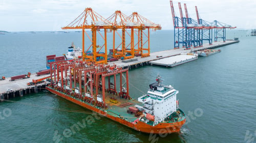 Preview: Big Construction Crane on barge ship. container crane on Barge Ship transportation
