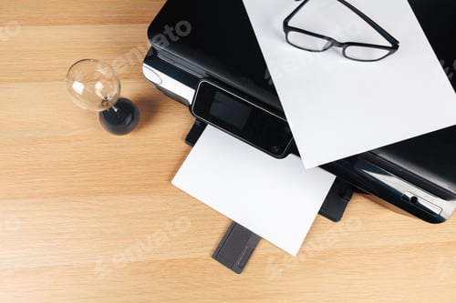 Preview: close up modern printer screen in office
