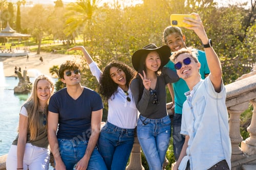 Preview: Group of young friends taking a selfie on vacation visiting a landmark.