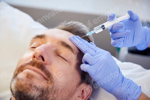 Preview: Female Beautician Giving Mature Male Patient Botox Injection In Forehead