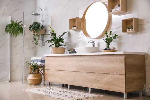 Preview: Green plants in elegant modern bathroom. Interior design