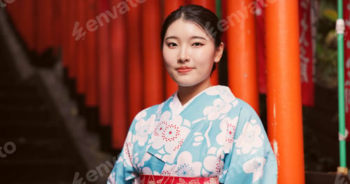 Preview: Woman, Japanese and portrait in traditional kimono at culture temple for Tokyo, worship or spiritua