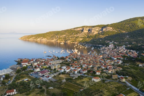 Preview: Aerial view of Komiza on Vis island, Croatia in Dalmatia at sunrise