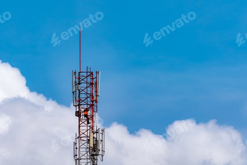 Preview: Telecommunication tower with blue sky and white clouds. Worker installed 5g equipment on telecom