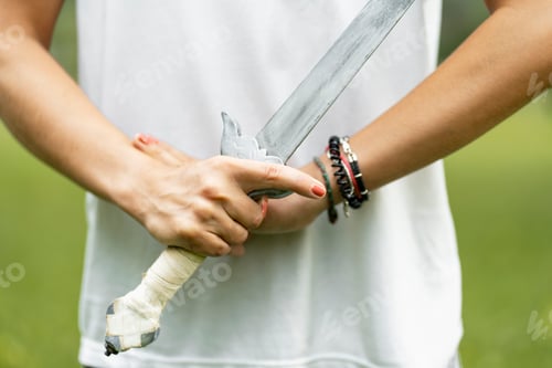 Preview: Cropped view of the martial arts woman holding sword for wushu kungfu while standing at green park