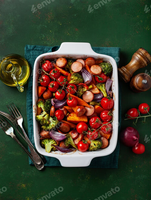 Preview: Roasted Vegetables and Sausage in Baking Dish