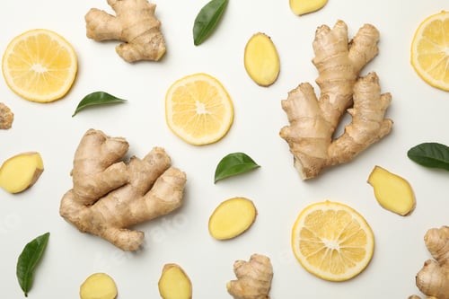 Preview: Fresh ginger and lemon on white background, top view