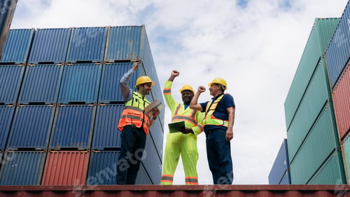 Preview: Team worker stack hand and shake hands to show success work at Container cargo harbor.