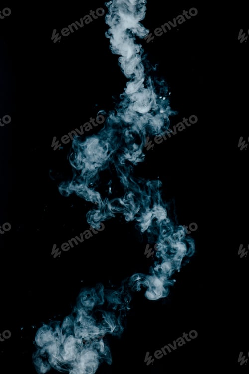 Preview: Vapor texture from a hot drink on a black background. Blue smoke with copy space.