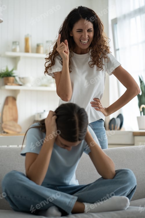 Preview: Angry mad woman mother disciplining-teen girl daughter at home, parent scolding teenage kid