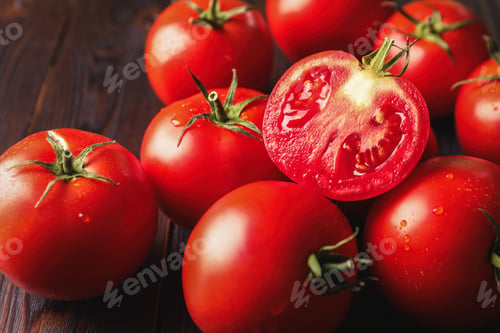 Preview: Fresh ripe tomatoes on wooden table, closeup