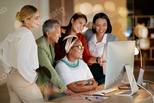 Preview: Collaboration, meeting and a business woman with her team, working on a computer in the office at n