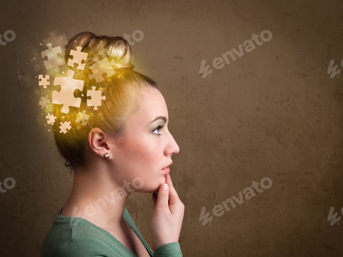Preview: Young Person Thinking With Glowing Puzzle Mind On Grungy Background