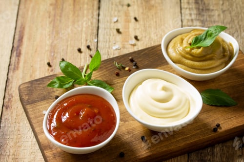 Preview: Set of sauces - ketchup, mayonnaise and mustard sauce on a wooden table.