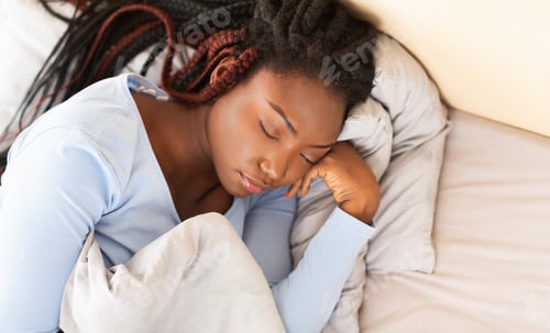 Preview: Asleep Afro Lady Taking Rest Lying In Bed At Home