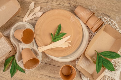 Preview: Paper utensils, Eco tableware paper plates, food containers, bag, cups and wooden cutlery set
