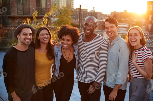 Preview: Group portrait of friends at a rooftop party in Brooklyn