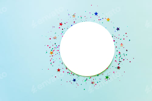 Preview: Festive frame or blue background with colorful confetti, star. Flat lay, mockup.